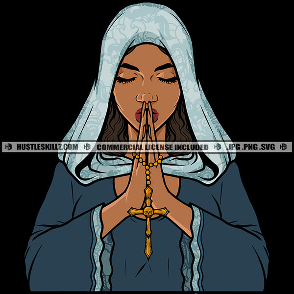 Nubian Woman Hands Praying Cross Pray Faith Hope God Catholic Logo Hustle Skillz SVG PNG JPG Vector Cut Files Silhouette Cricut