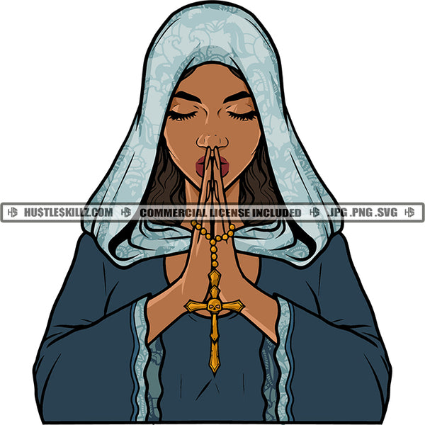 Nubian Woman Hands Praying Cross Pray Faith Hope God Catholic Logo Hustle Skillz SVG PNG JPG Vector Cut Files Silhouette Cricut