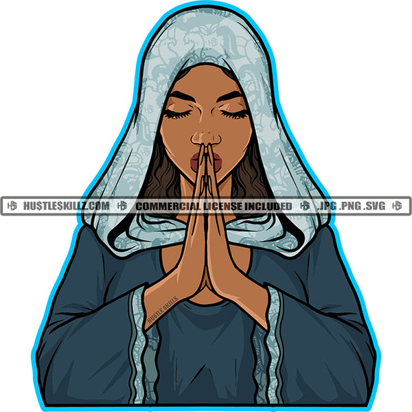 Melanin Woman Hands Praying Pray Faith Hope God Catholic Logo Hustle Skillz SVG PNG JPG Vector Cut Files Silhouette Cricut