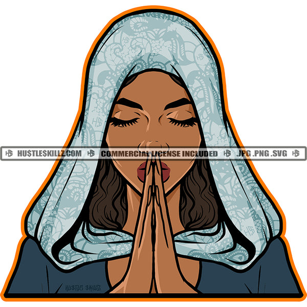 African American Lady Nubian Woman Hands Praying Faith Hope God Catholic Logo Hustle Skillz SVG PNG JPG Vector Cut Files Silhouette Cricut