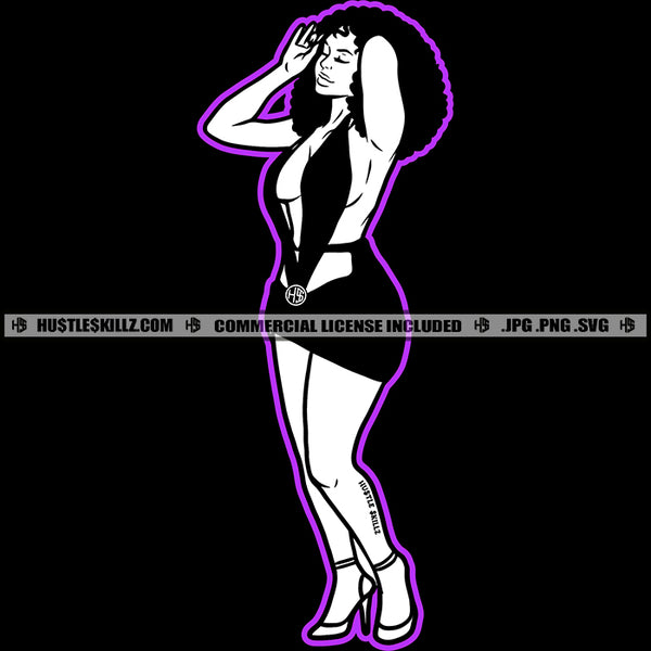 Nubian Woman Afro Puff Hairstyle Black And White Design Matching Outfit Fit Figure Curvy And Sexy Logo Hustle Skillz SVG PNG JPG Vector Cut Files Silhouette Cricut