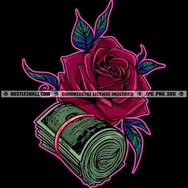 Money Cash 100 Dollars Gift Bundle Bills Flower Leaf Illustration Hustling Logo Hustle Skillz SVG PNG JPG Vector Cut Files Silhouette Cricut