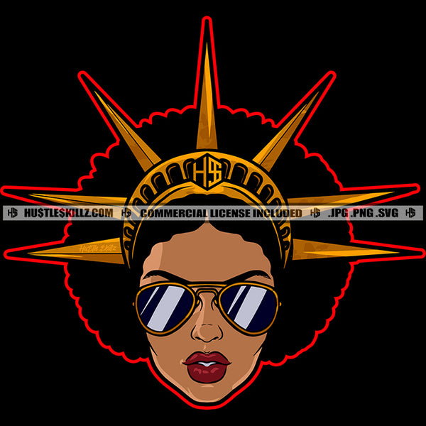 African American Lady Statue Liberty Sunglass Gun Afro Hairstyle Hustler Logo Hustle Skillz SVG PNG JPG Vector Cut Files Silhouette Cricut