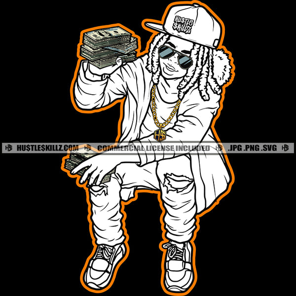 Gangsta Young Man Black And White Design Hoodie Baseball Cap Hat Jeans Cash Thug Bank Art Grind Hustling Hustler Gold Chain Logo Hustle Skillz SVG PNG JPG Vector Cut Files Silhouette Cricut