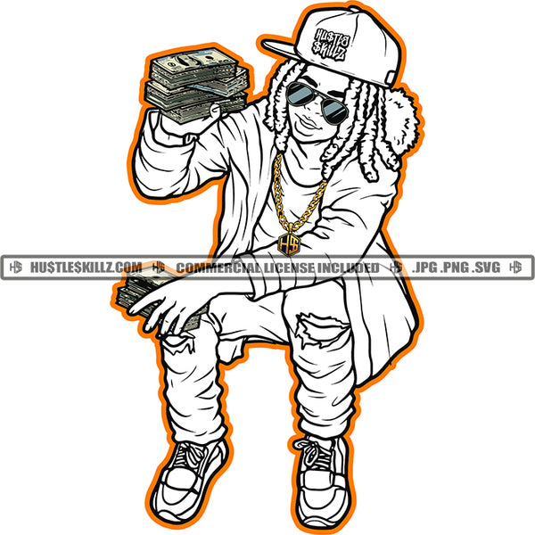 Gangsta Young Man Black And White Design Hoodie Baseball Cap Hat Jeans Cash Thug Bank Art Grind Hustling Hustler Gold Chain Logo Hustle Skillz SVG PNG JPG Vector Cut Files Silhouette Cricut