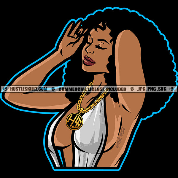 African American Lady Melanin Woman Afro Puff Hairstyle Gold Hustler Chain Closing Eyes Logo Hustle Skillz SVG PNG JPG Vector Cut Files Silhouette Cricut