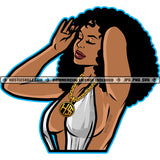 African American Lady Melanin Woman Afro Puff Hairstyle Gold Hustler Chain Closing Eyes Logo Hustle Skillz SVG PNG JPG Vector Cut Files Silhouette Cricut