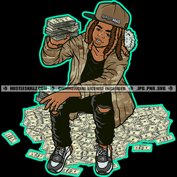 Young Man Gangsta Hoodie Baseball Cap Hat Jeans Cash Thug Bank Art Grind Hustling Hustler Logo Hustle Skillz SVG PNG JPG Vector Cut Files Silhouette Cricut