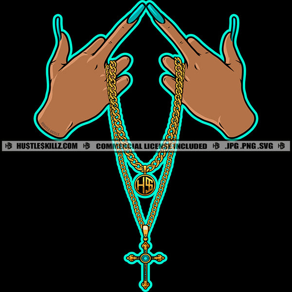 Gold Chain Jewelry Gem Golden Hands Holding Necklace Jewel Bling Hustler Cross Logo Hustle Skillz SVG PNG JPG Vector Cut Files Silhouette Cricut