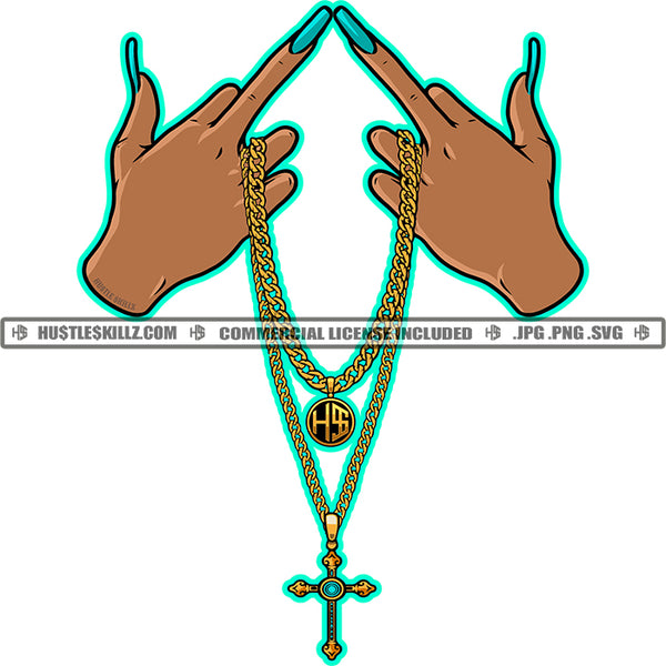 Gold Chain Jewelry Gem Golden Hands Holding Necklace Jewel Bling Hustler Cross Logo Hustle Skillz SVG PNG JPG Vector Cut Files Silhouette Cricut