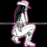 Gangster Sexy Melanin Woman Black And White Design Twerking Long Wave Hairstyle Baseball Cap Hat Logo Hustle Skillz SVG PNG JPG Vector Cut Files Silhouette Cricut