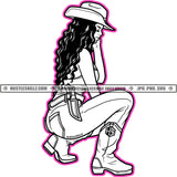 Gangster Sexy Melanin Woman Black And White Design Twerking Long Wave Hairstyle Baseball Cap Hat Logo Hustle Skillz SVG PNG JPG Vector Cut Files Silhouette Cricut