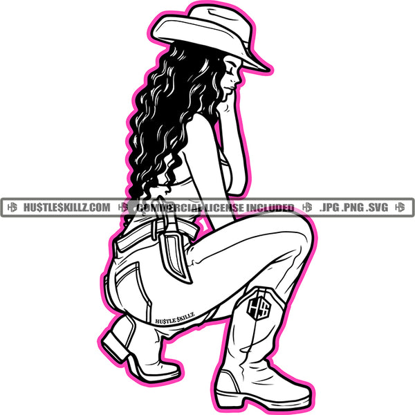 Gangster Sexy Melanin Woman Black And White Design Twerking Long Wave Hairstyle Baseball Cap Hat Logo Hustle Skillz SVG PNG JPG Vector Cut Files Silhouette Cricut