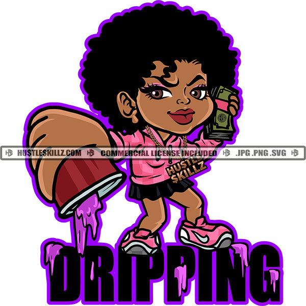 Dripping Black Gangster Woman Afro Puff Hairstyle Purple Juice Cup Cash Money Graphic Cartoon Hustle Skillz SVG PNG JPG Vector Cutting Cricut Silhouette