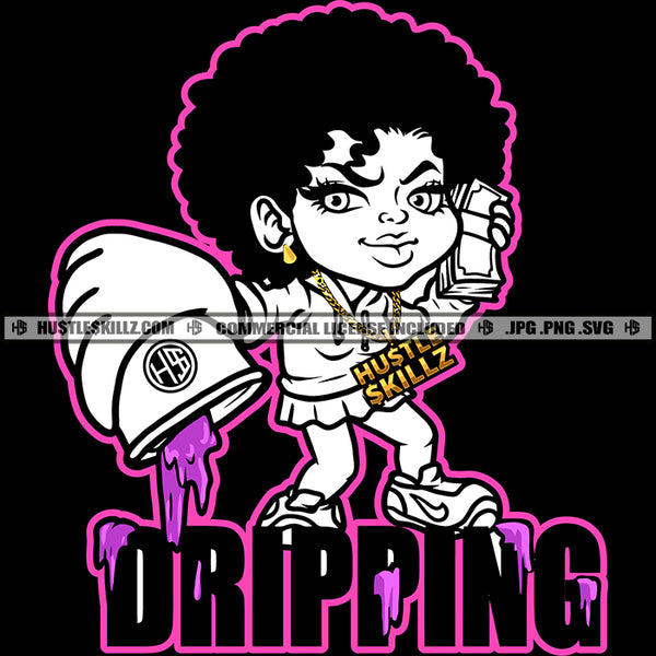 Gangster Woman Dripping Black And White Design Afro Puff Hairstyle Purple Juice Cup Cash Money Graphic Cartoon Hustle Skillz SVG PNG JPG Vector Cutting Cricut Silhouette