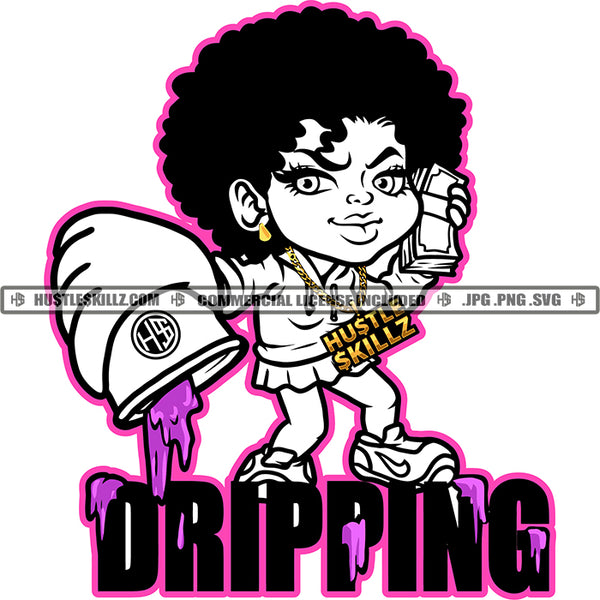 Gangster Woman Dripping Black And White Design Afro Puff Hairstyle Purple Juice Cup Cash Money Graphic Cartoon Hustle Skillz SVG PNG JPG Vector Cutting Cricut Silhouette