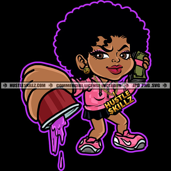 Melanin Woman Afro Puff Hairstyle Purple Juice Cup Cash Money Graphic Cartoon Hustle Skillz SVG PNG JPG Vector Cutting Cricut Silhouette