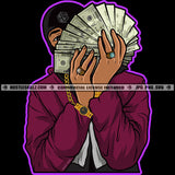 Gangster Black Man Ski Mask Burglar Face Mask Showing Money Holding Cash Gold Rings Chain Watch Winter Jacket Logo Hustle Skillz SVG PNG JPG Vector Cut Files Silhouette Cricut