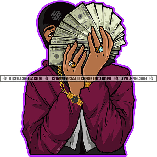 Gangster Black Man Ski Mask Burglar Face Mask Showing Money Holding Cash Gold Rings Chain Watch Winter Jacket Logo Hustle Skillz SVG PNG JPG Vector Cut Files Silhouette Cricut