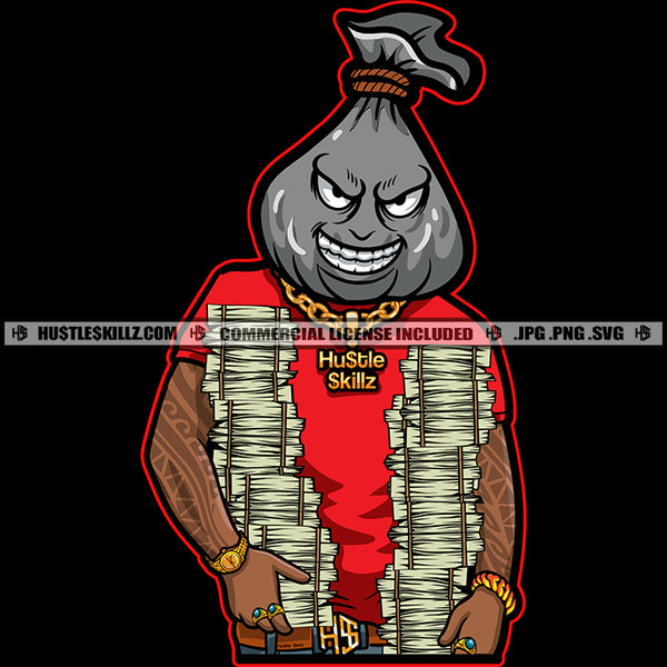 Gangster Money Bag Man Head Dollar Stacks Cash Evil Smile No Eyes Grind Hustler Hustle Skillz SVG PNG JPG Vector Cutting Cricut Silhouette