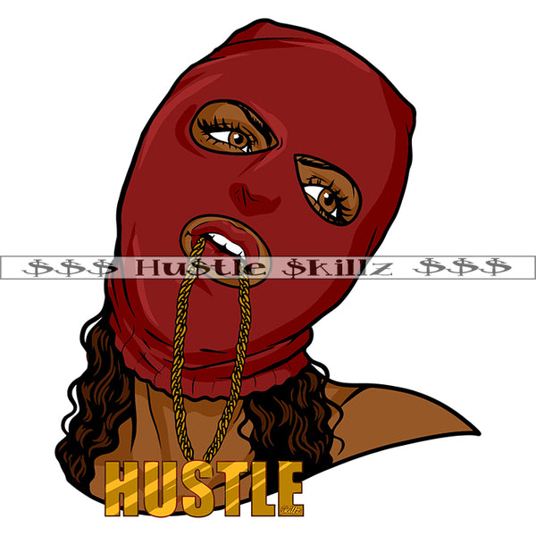 Gangster Woman Wearing Red Ski Mask Biting Gold Chain Ghetto Dope Street Girl Hustle Skillz Dope Hustler Hustling Designs For Products SVG PNG JPG EPS Cut Cutting