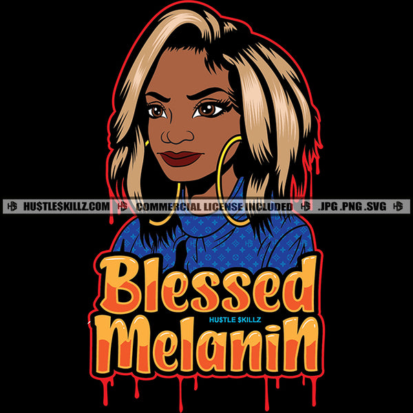 Blessed Melanin Woman Fit Figure Sexy Gray Hairstyle Gold Earring Dripping Logo Hustle Skillz SVG PNG JPG Vector Cut Files Silhouette Cricut