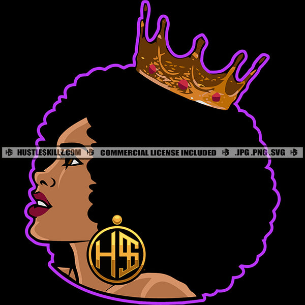 Melanin Woman Queen Hustler Earring Afro Puff Hairstyle Black Girl Magic African American Lady Logo Hustle Skillz SVG PNG JPG Vector Cut Files Silhouette Cricut