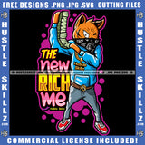 The New Rich Me Gangster Cat Holding Money Bag Cash Grind Dinero Grinding Dope Hustling Logo Hustle Skillz SVG PNG JPG Vector Cut Files Silhouette Cricut