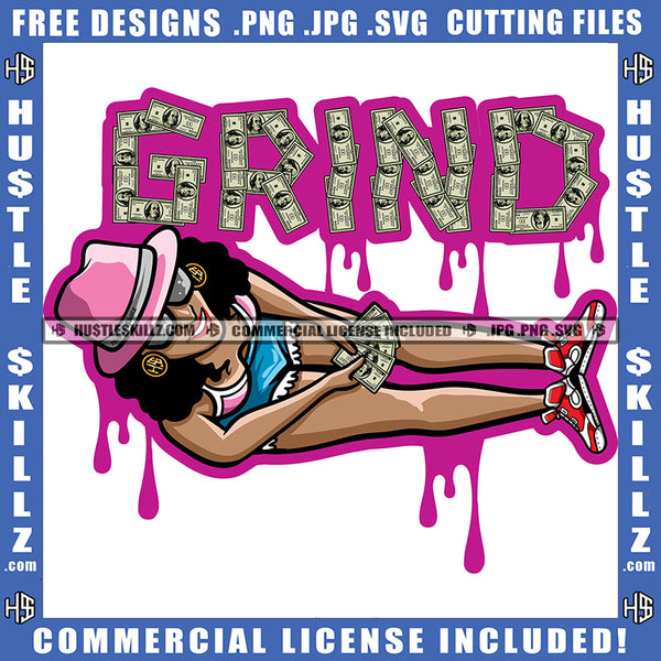 Grind Woman Head-Up Counting Money Dollars Hat Sunglass Logo Hustle Skillz SVG PNG JPG Vector Cut Files Silhouette Cricut