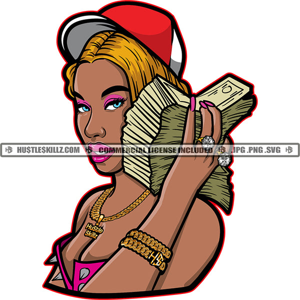 Ghetto Woman Money Stacks Blonde Hair Baseball Cap Hustler Gangster Logo Hustle Skillz SVG PNG JPG Vector Cut  Files Silhouette Cricut