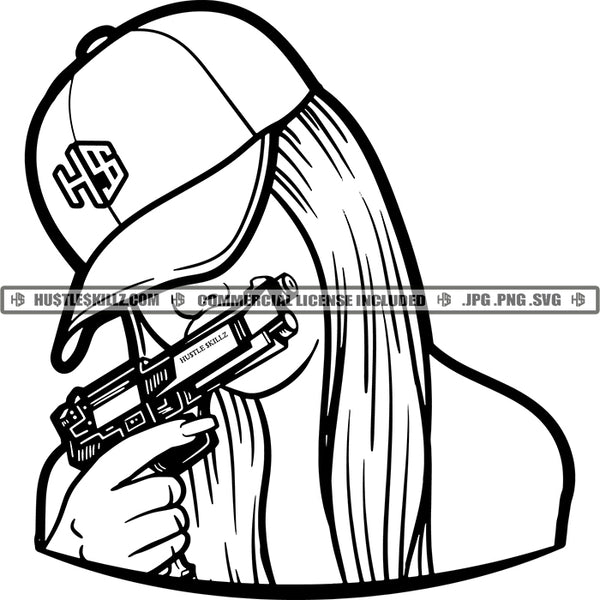 Gangster Woman Kissing Hand Gun Baseball Hat Hustler Grind Logos Black And White Designs Hustle Skillz SVG PNG JPG Vector Cutting Files Silhouette Cricut