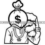 Money Bag Man Head Gangster Street Ghetto Boy Hustler Grind Logos Black And White Designs Hustle Skillz SVG PNG JPG Vector Cutting Files Silhouette Cricut