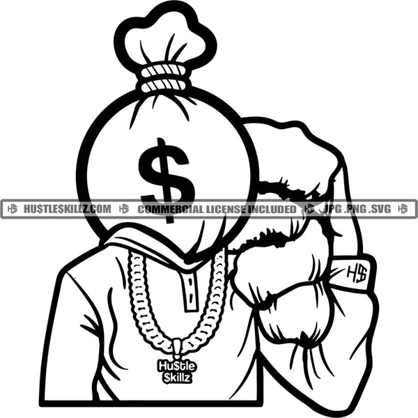 Money Bag Man Head Gangster Street Ghetto Boy Hustler Grind Logos Black And White Designs Hustle Skillz SVG PNG JPG Vector Cutting Files Silhouette Cricut