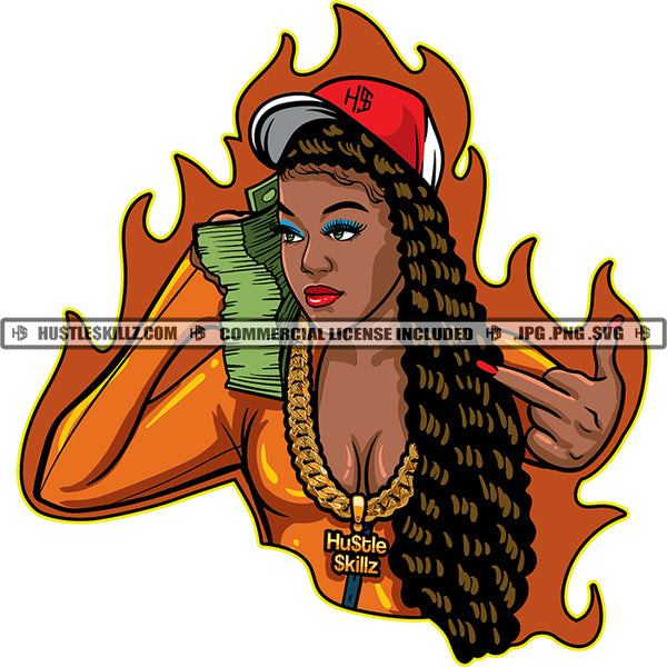 Melanin Woman Middle Finger Money Stacks Baseball Hat Hustler Hustle Skillz SVG PNG JPG Vector Cut Files Silhouette Cricut