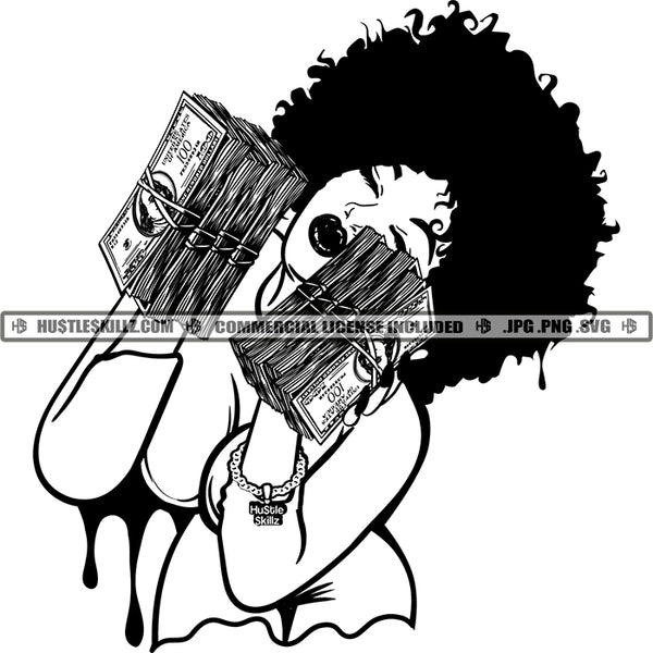 Afro Woman Carrying Money Stacks Dripping Hustler Grind Logos Black And White Designs Hustle Skillz SVG PNG JPG Vector Cutting Files Silhouette Cricut