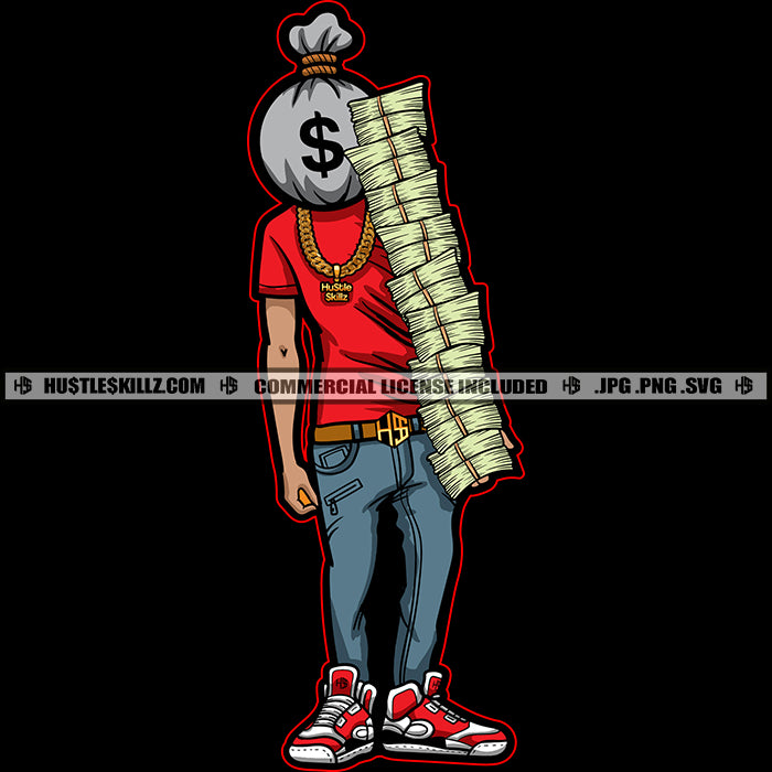 Gangster Man Money Bag Head Carrying Money Stacks Logo Hustle Skillz S ...