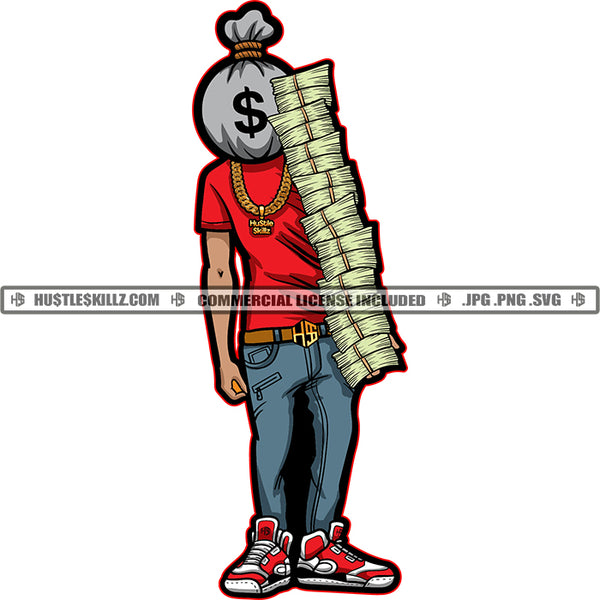 Gangster Man Money Bag Head Carrying Money Stacks Logo Hustle Skillz S ...