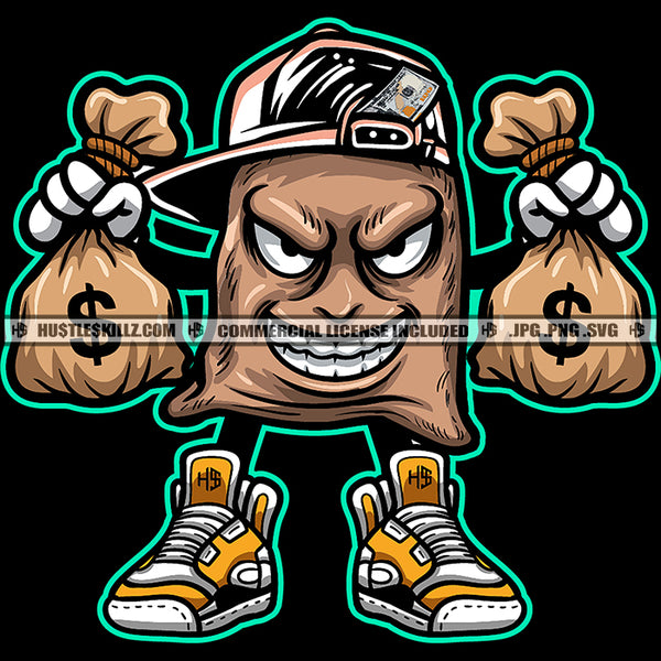 Money Bag Cartoon Character Holding Money Bags Evil Sarcastic Smile Face Hustler Logo Hustle Skillz SVG PNG JPG Vector Cut Files Silhouette Cricut