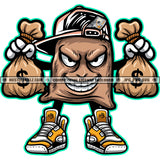 Money Bag Cartoon Character Holding Money Bags Evil Sarcastic Smile Face Hustler Logo Hustle Skillz SVG PNG JPG Vector Cut Files Silhouette Cricut