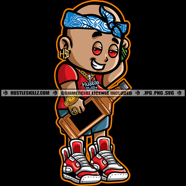 Man Cartoon Character Grind 24-7 Head Band Whiskey Bottle Red Eyes Money Phone Logo Hustle Skillz SVG PNG JPG Vector Cut Files Silhouette Cricut