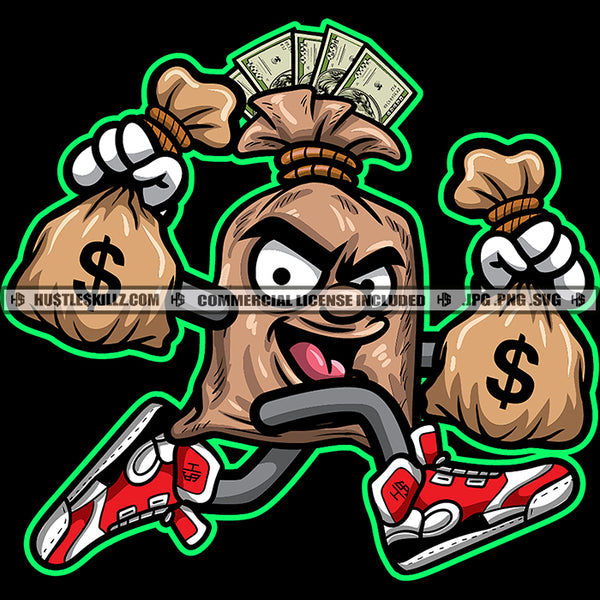 Gangster Money Bag Cartoon Character Running Cash Bags Evil Sarcastic Smile Face Hustle Skillz SVG PNG JPG Vector Cutting Cricut Silhouette