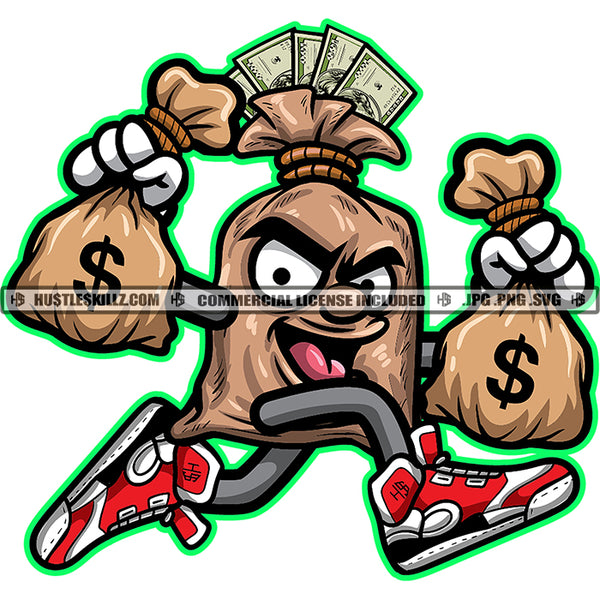 Gangster Money Bag Cartoon Character Running Cash Bags Evil Sarcastic Smile Face Hustle Skillz SVG PNG JPG Vector Cutting Cricut Silhouette