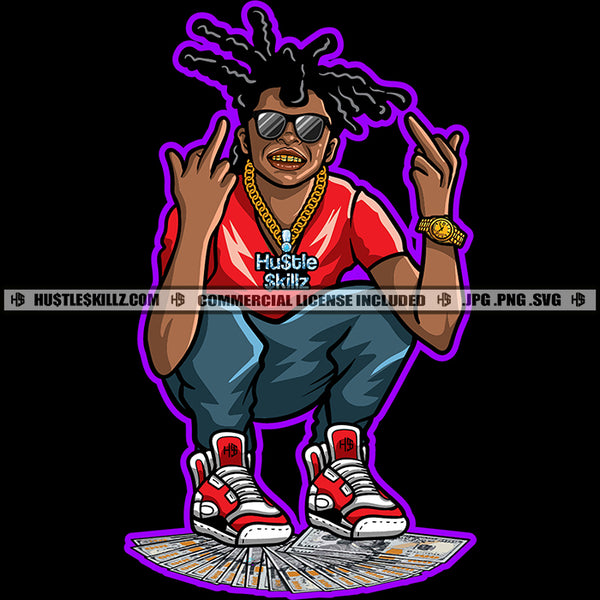 Gangster Black Man Locs Dreads Hair Middle Finger Money Cash Ghetto Thug Dope Boy Watch Sunglass Gold Chain Logo Hustle Skillz SVG PNG JPG Vector Cut Files Silhouette Cricut