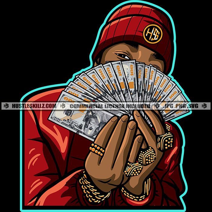 Gangster Black Man Showing Money Cash Flex Hard Winter Hat