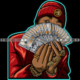 Gangster Black Man Showing Money Cash Flex Hard Winter Hat Gold Rings Thug Brag Hustle Skillz SVG PNG JPG Vector Cricut Silhouette Cutting