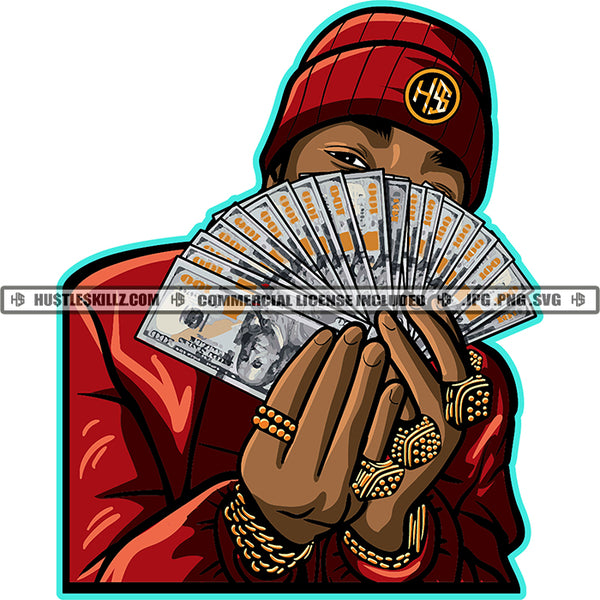 Gangster Black Man Showing Money Cash Flex Hard Winter Hat Gold Rings Thug Brag Hustle Skillz SVG PNG JPG Vector Cricut Silhouette Cutting