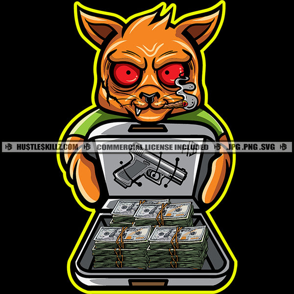 Gangster Scarface Cat Character Smoking Blunt Hustle Addicts Red Eyes Money Case Gun Cannabis Smoking Blunt Marijuana Weed leaf Logo Hustle Skillz SVG PNG JPG Vector Cut Files Silhouette Cricut