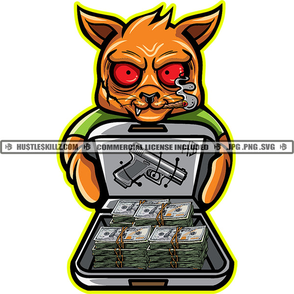 Gangster Scarface Cat Character Smoking Blunt Hustle Addicts Red Eyes Money Case Gun Cannabis Smoking Blunt Marijuana Weed leaf Logo Hustle Skillz SVG PNG JPG Vector Cut Files Silhouette Cricut