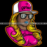 Grind Queen Melanin Woman Baseball Cap Hat Gold Color Long Wave Hairstyle Sunglass Money Hustling Hustler Logo Hustle Skillz SVG PNG JPG Vector Cut Files Silhouette Cricut