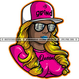 Grind Queen Melanin Woman Baseball Cap Hat Gold Color Long Wave Hairstyle Sunglass Money Hustling Hustler Logo Hustle Skillz SVG PNG JPG Vector Cut Files Silhouette Cricut